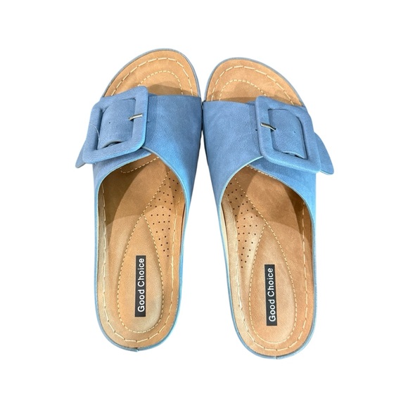 Good Chic Women's Blue Mules with Tan Sole NWB - Picture 7 of 9
